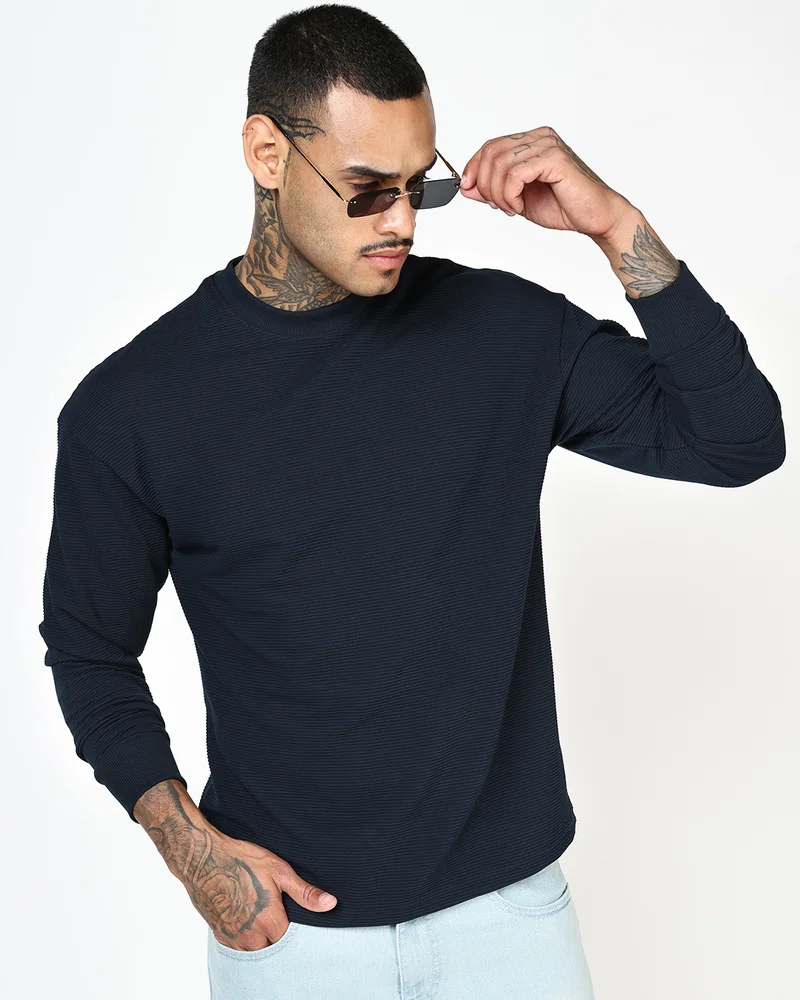 بيواكوف Men's Navy Blue Textured Oversized T-shirt